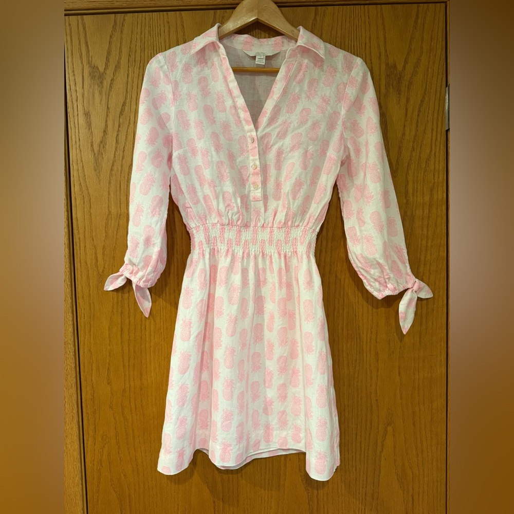 Lilly Pulitzer Abralynn Long Sleeve Linen White Pink Pineapple Shirt Dress